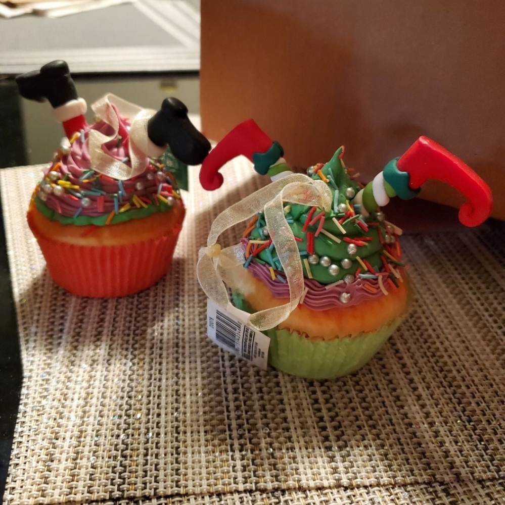 Kurt S Adler set of 2 new cupcake ornaments- santa and elfs feet